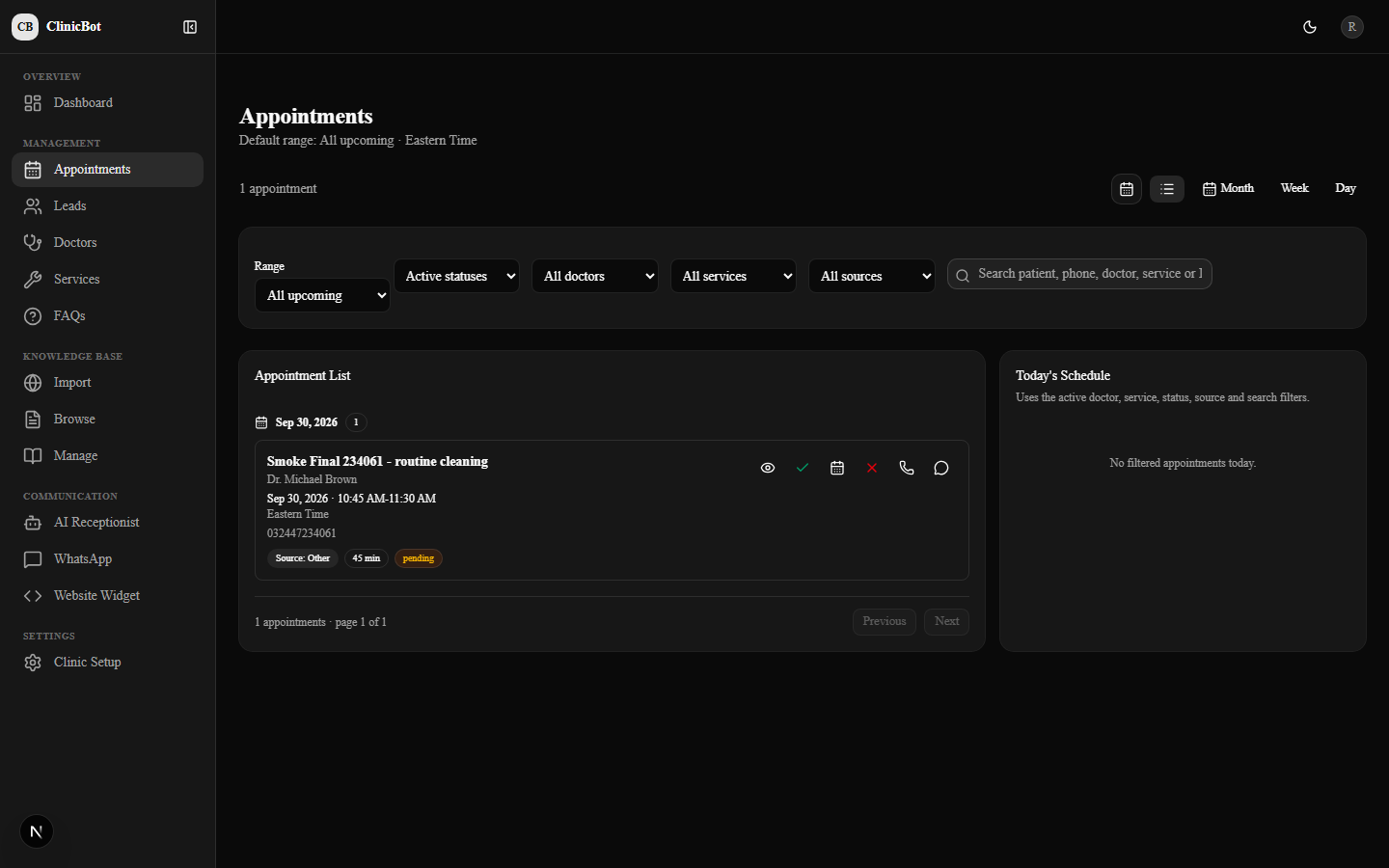 ClinicBot appointments screen