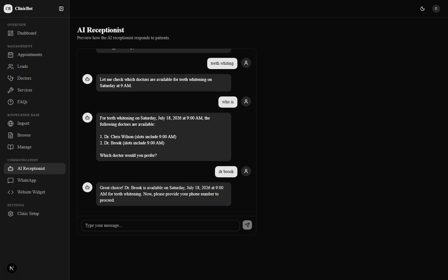 ClinicBot conversations inbox showing WhatsApp and website chat conversations