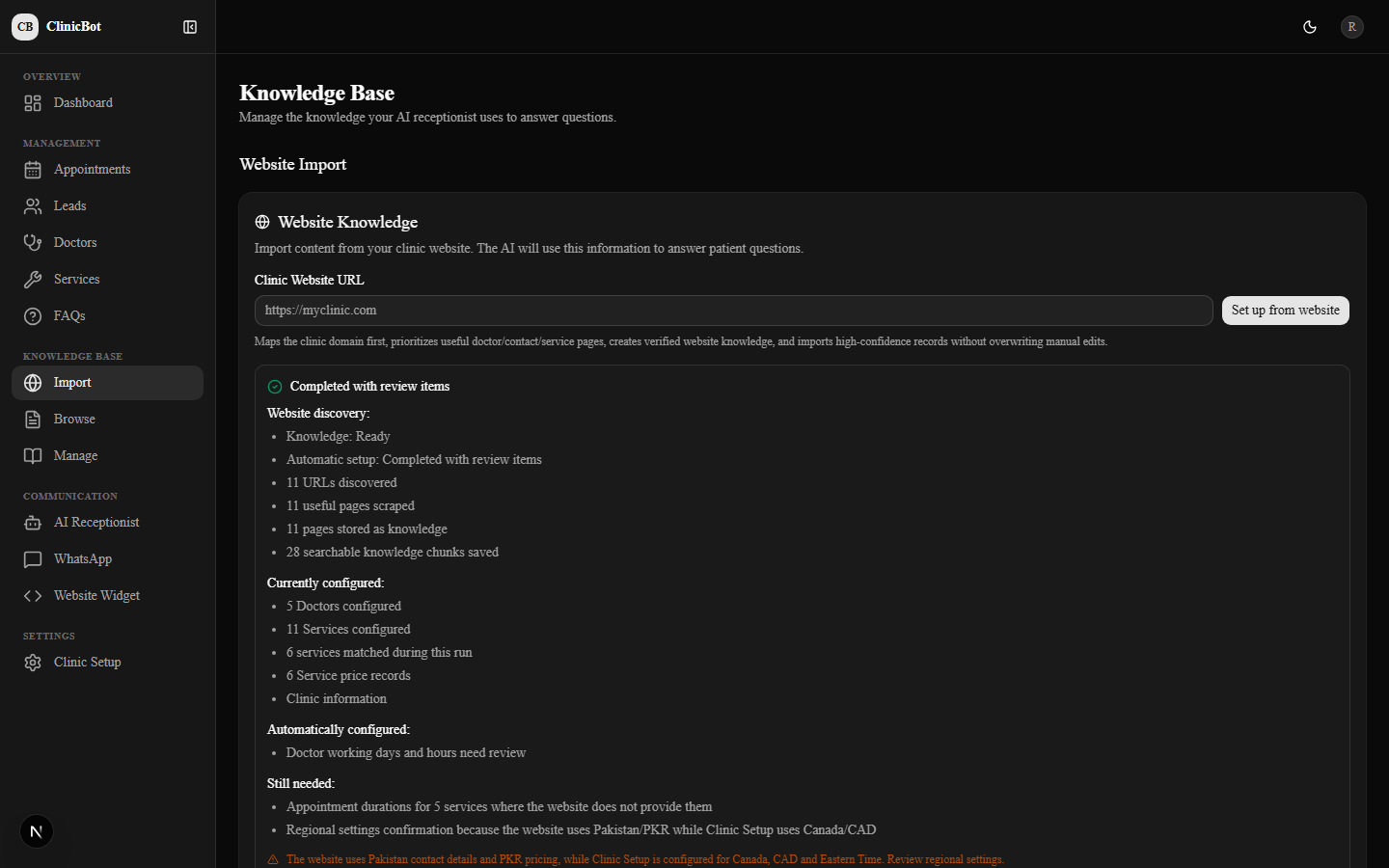 ClinicBot knowledge base imported from the clinic website