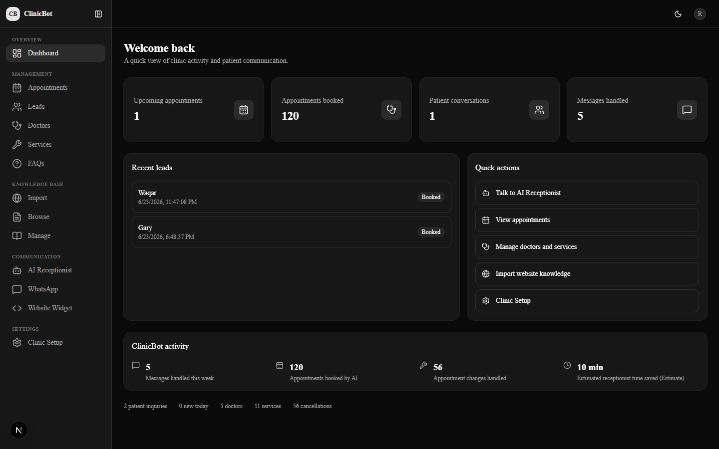 ClinicBot dashboard showing live stats, recent leads and quick actions